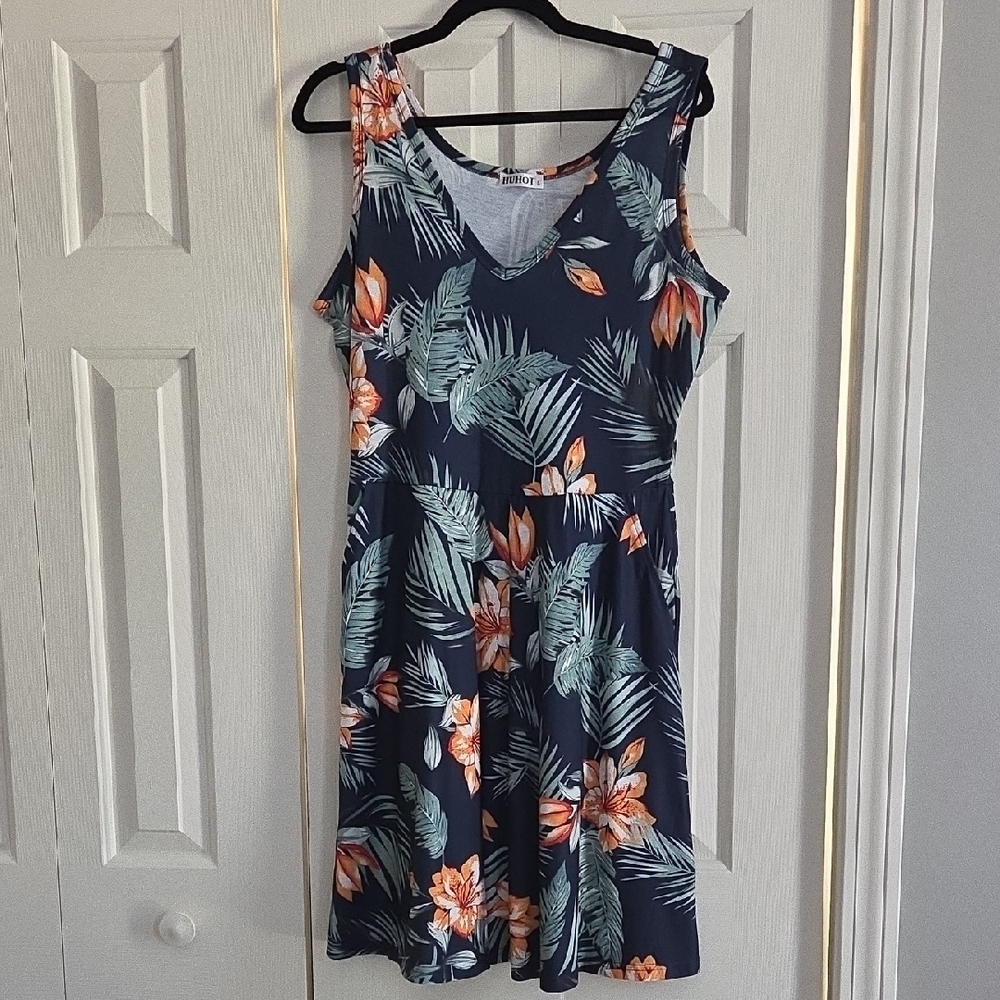 Floral Navy Midi Dress with Orange Accents